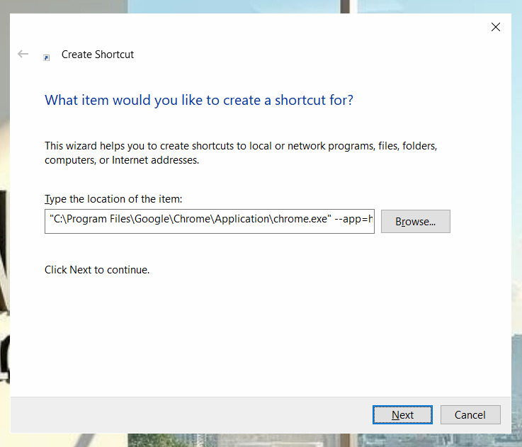 Eingabe des Pfades im Verknüpfungs-Assistenten