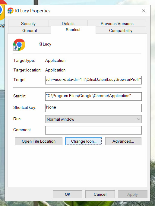 Eigenschaften der Verknüpfung öffnen