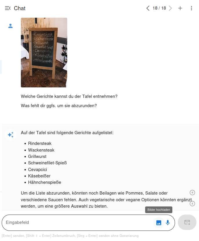 Ein Bild von einem Whiteboard wird im Chat hochgeladen mit der Frage "Fasse die Punkte zusammen"