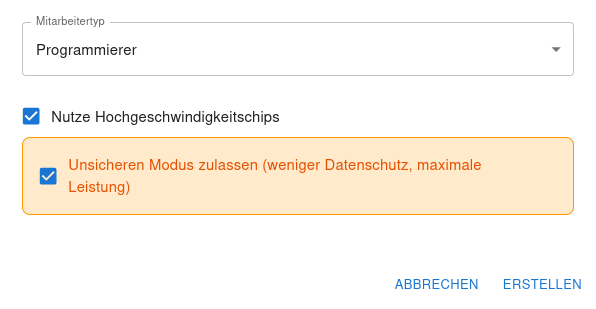 Checkbox zur Aktivierung der externen Hochleistungs-KI für den Programmierer-Mitarbeiter