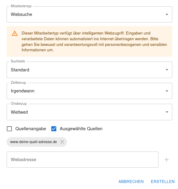 Die erweiterten Einstellungsoptionen für den Websuche-Mitarbeiter